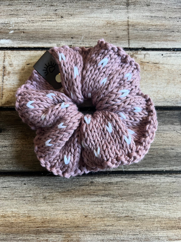 Knit Scrunchie (Mellow Mauve with White Hearts)
